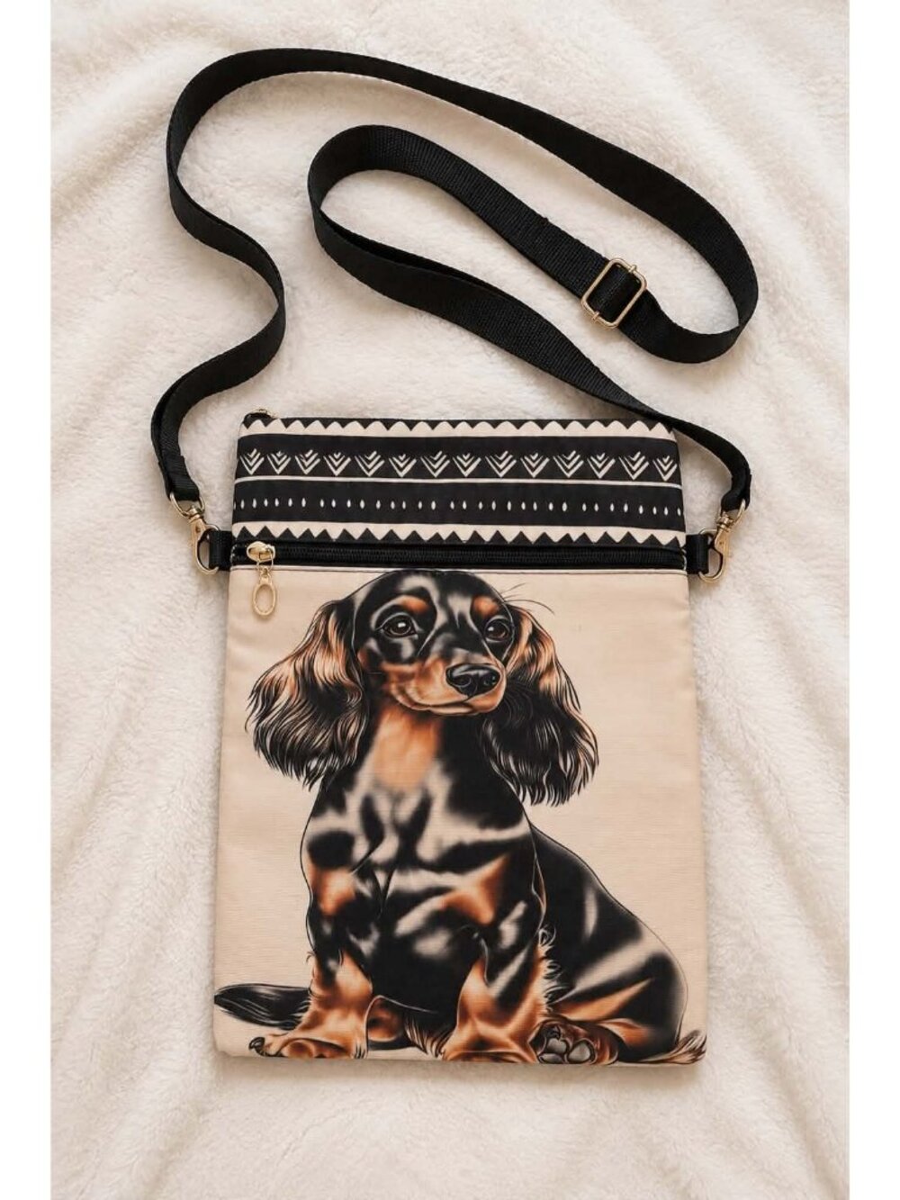 Long-haired dachshund crossbody phone bag